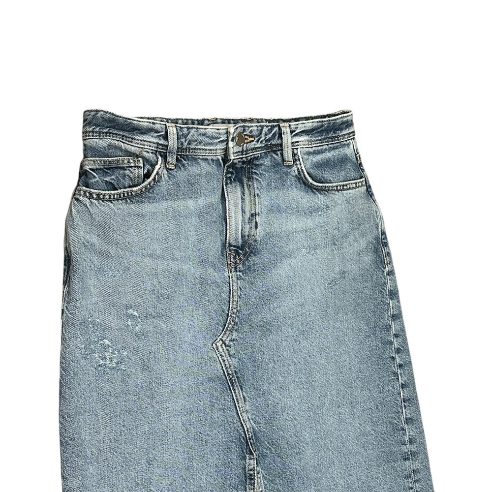Zara TRF Long Denim Skirt Size S 100% Cotton High Rise Distressed Raw Hem Slit - Picture 8 of 11